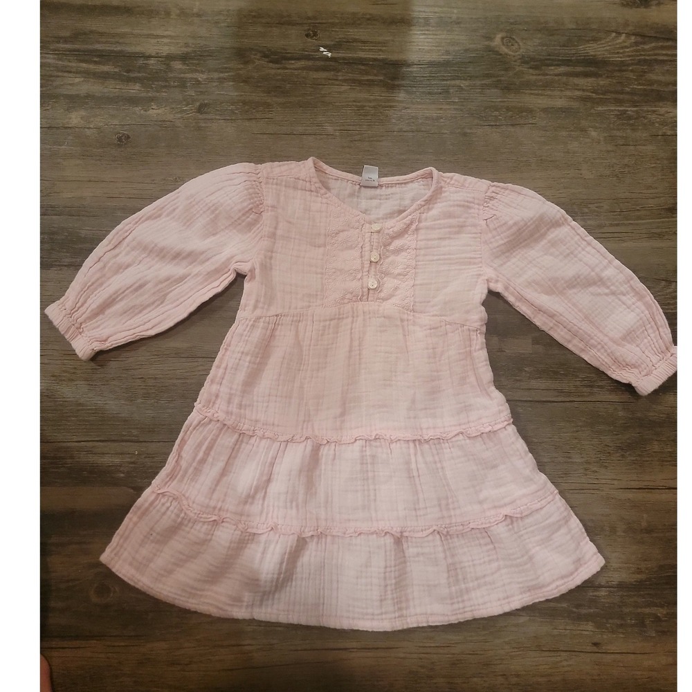 Old Navy Girls Pink Cotton Gauze Tiered Long Sleeve Embroidered Dress 3T